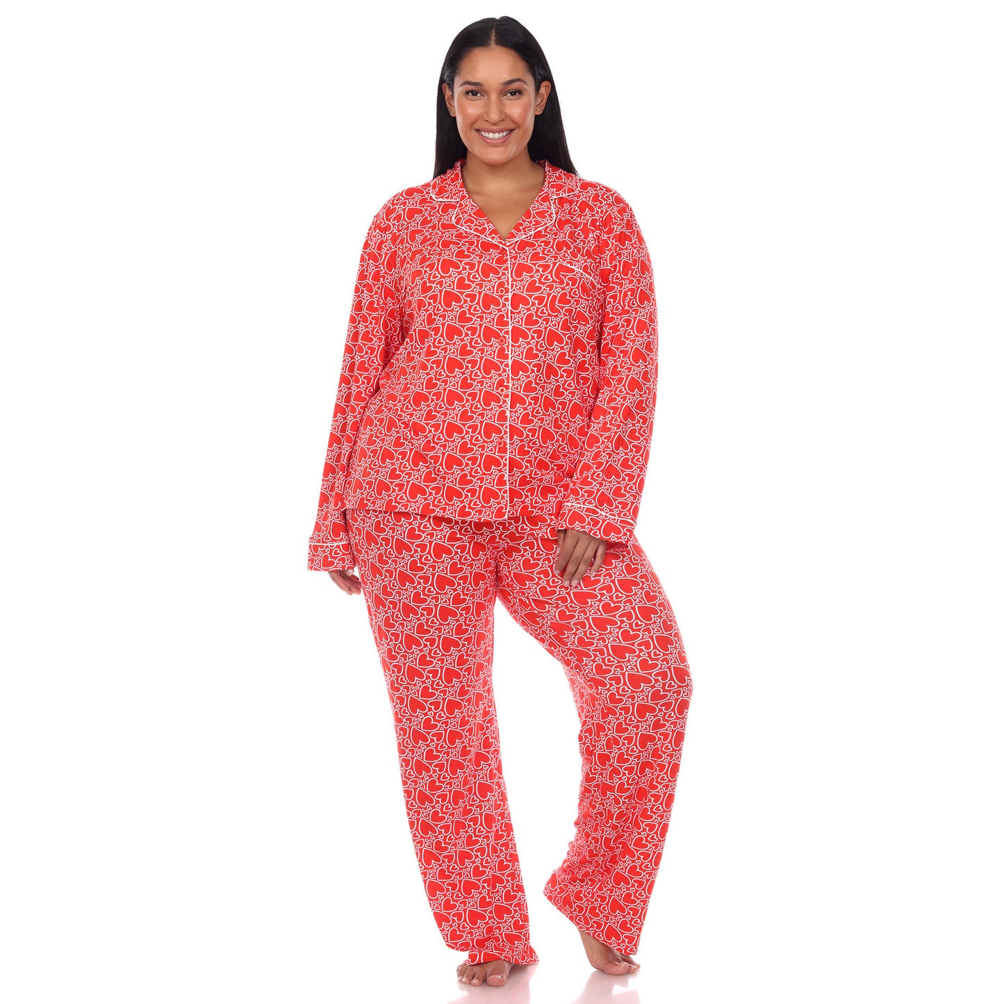 White Mark Women's Long-Sleeve Heart Print Pajama Set