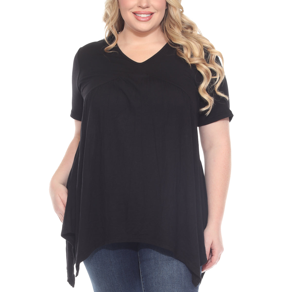 White Mark Women's Short Sleeve Shirred Front Knit Top with Pockets