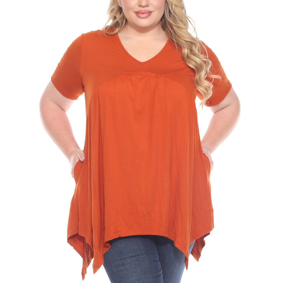 White Mark Women's Short Sleeve Shirred Front Knit Top with Pockets