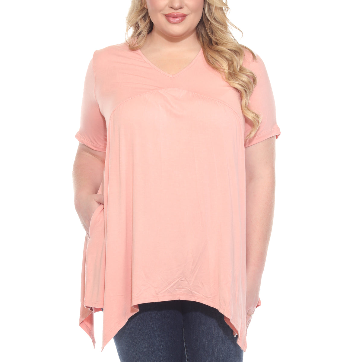 White Mark Women's Short Sleeve Shirred Front Knit Top with Pockets