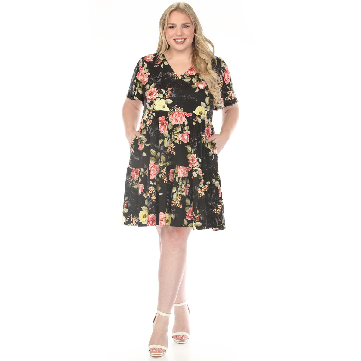 White Mark Women's V-Neck Tropical Flower Short Sleeve Dress