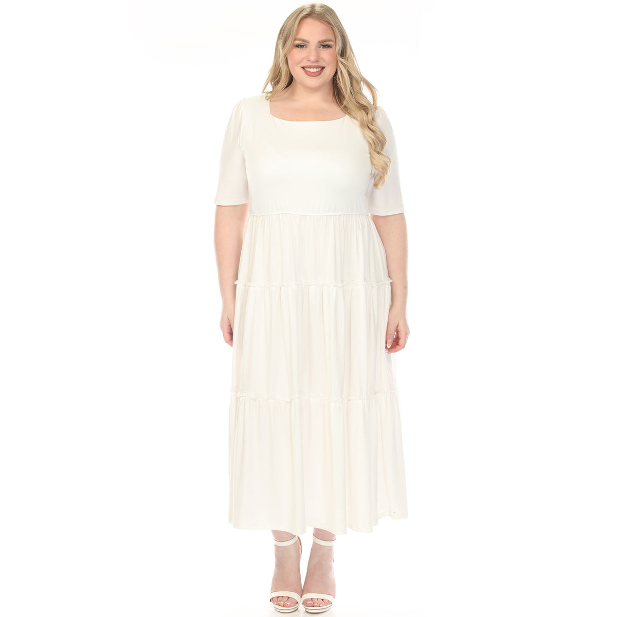 White Mark Women's Square Neck Short Sleeve Tiered Dress