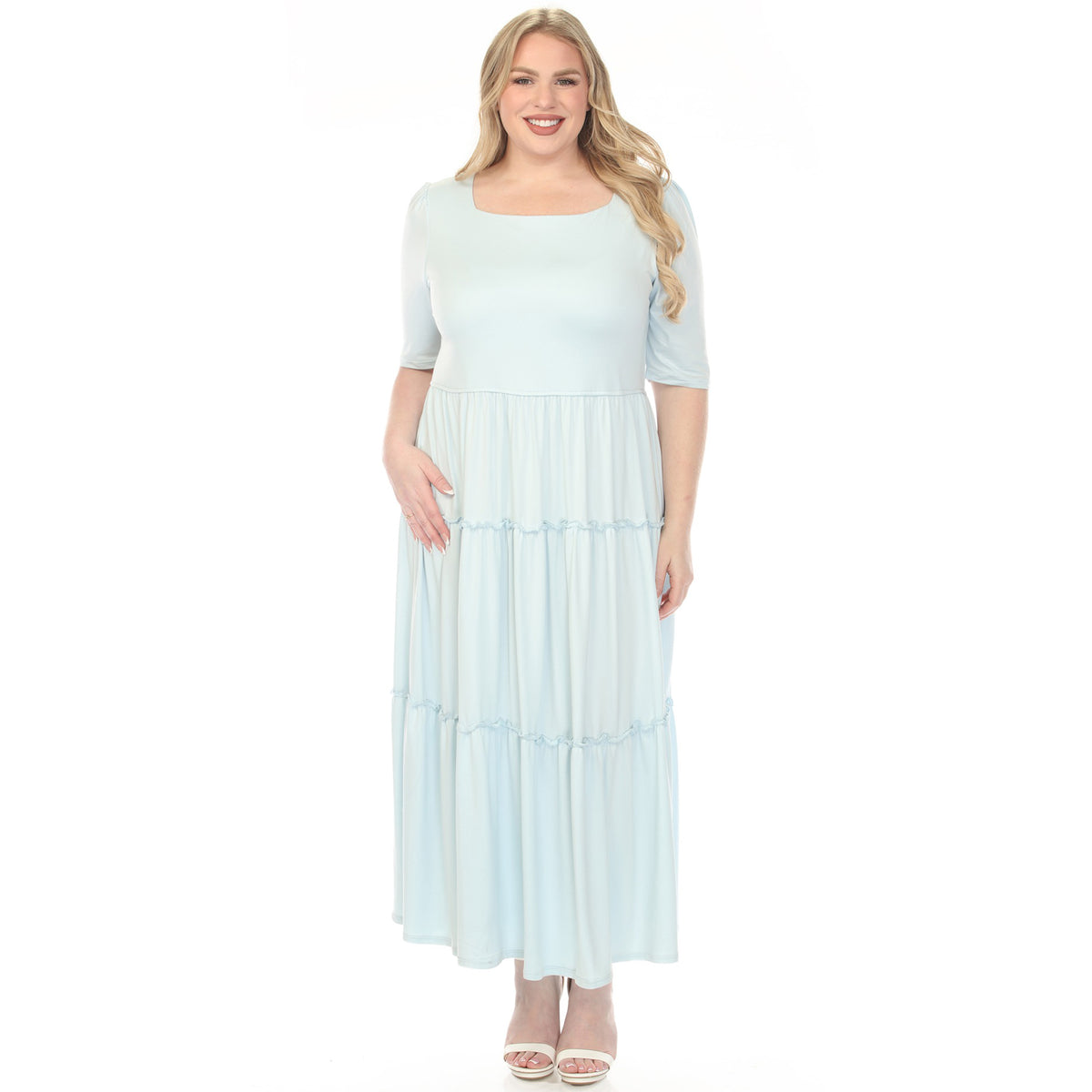 White Mark Women's Square Neck Short Sleeve Tiered Dress