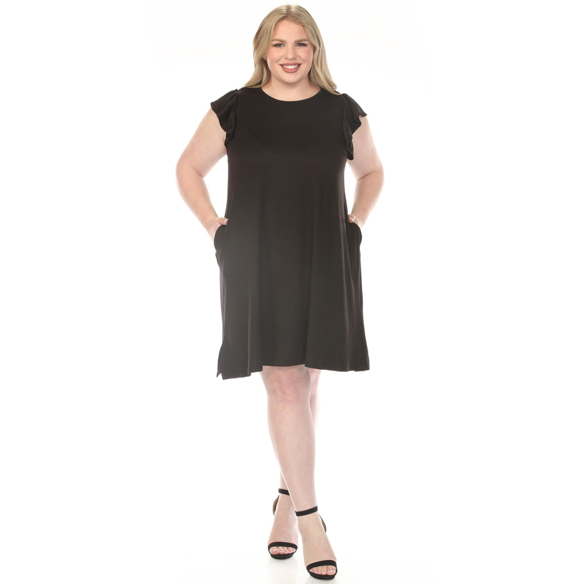 White Mark Women's Crew Neck Ruffle Sleeve Dress