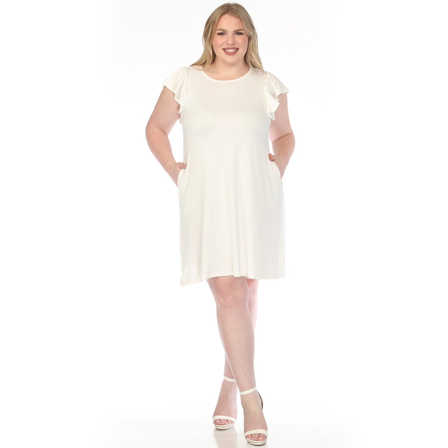 White Mark Women's Crew Neck Ruffle Sleeve Dress