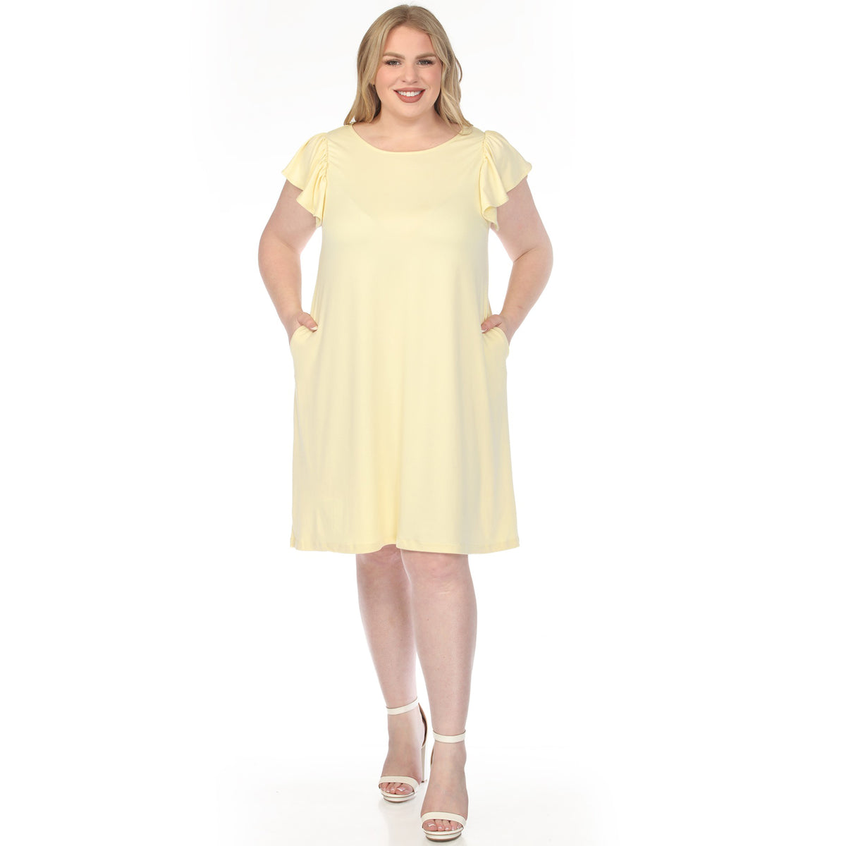 White Mark Women's Crew Neck Ruffle Sleeve Dress