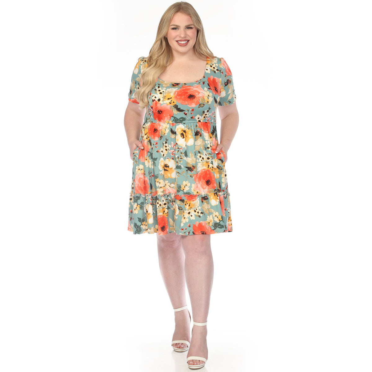 White Mark Women's Square Neck Short Sleeve Floral Dress