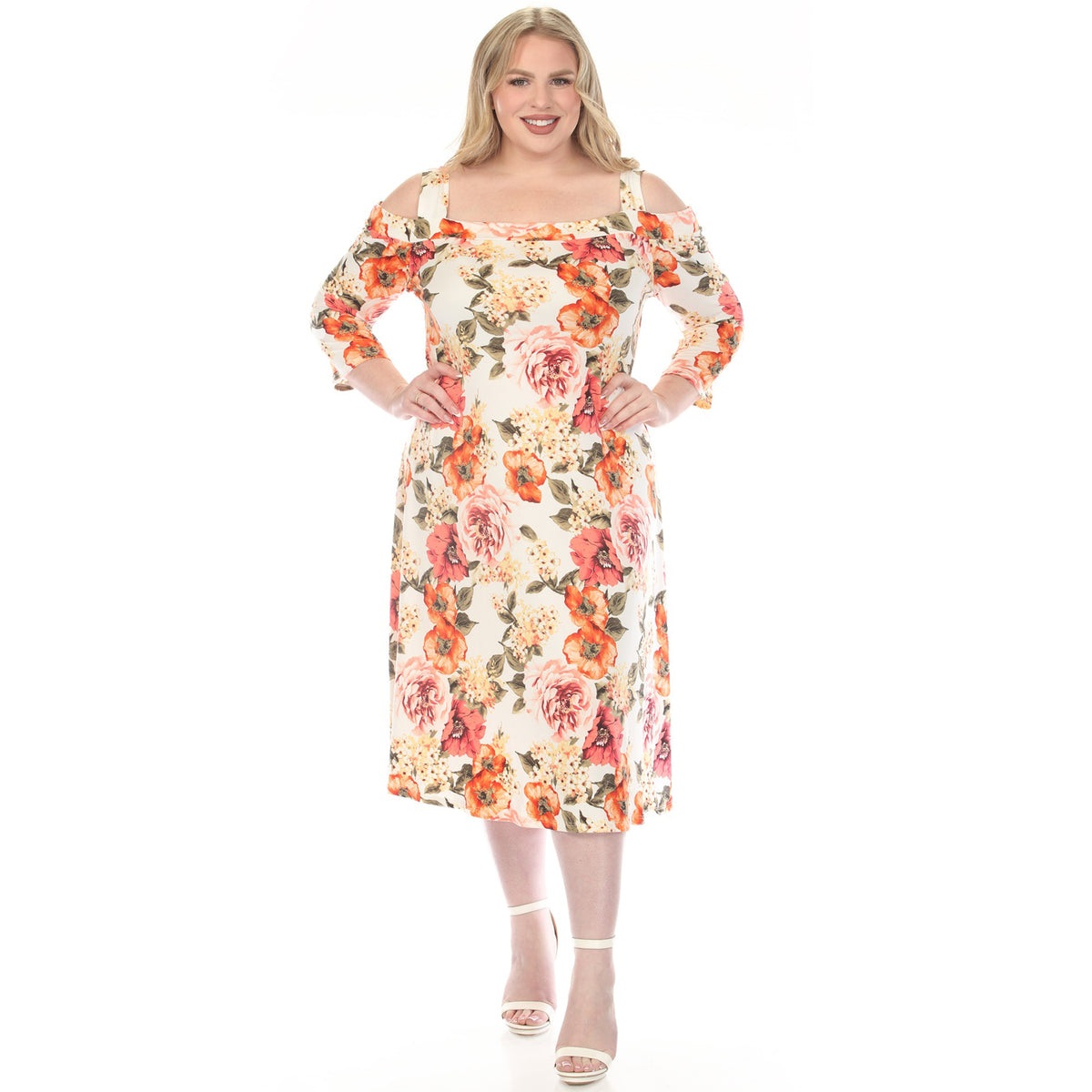 White Mark Women's Cold Shoulder 3/4 Sleeve Dress