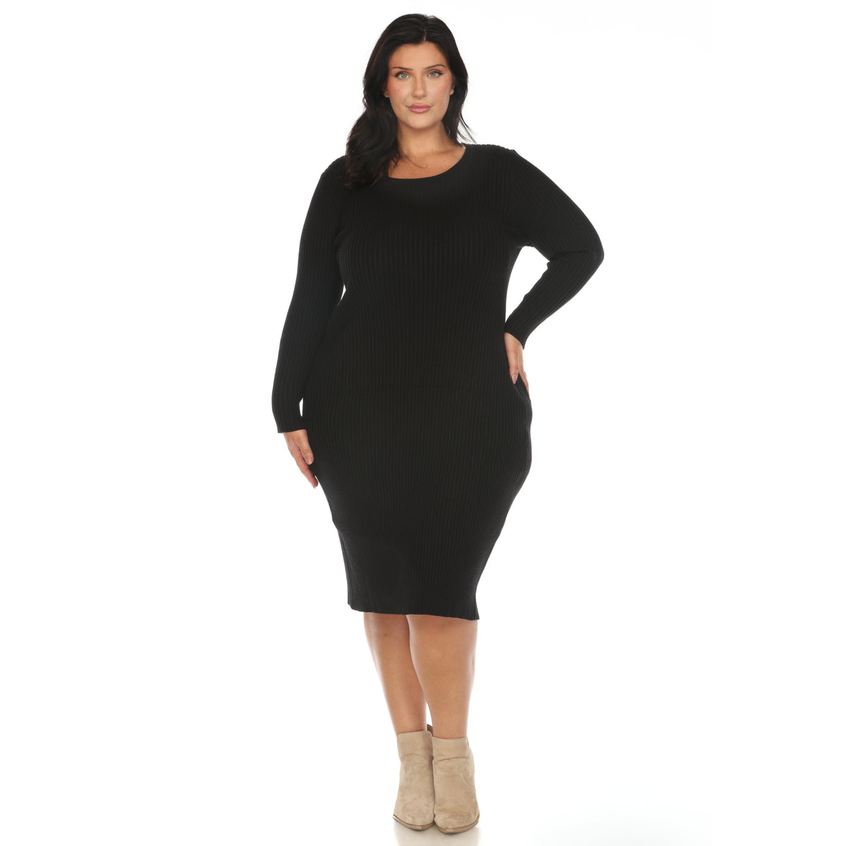 White Mark Women's Long Sleeve Ribbed Midi Sweater Dress