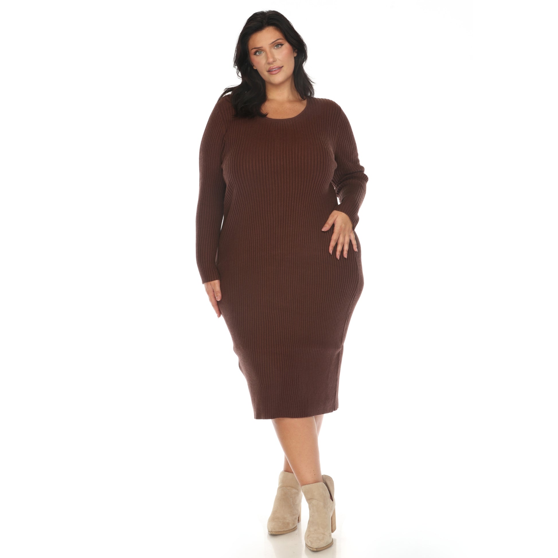 Plus Size Long Sleeve Rib Midi Sweater Dress Brown 2X -White Mark Plus Size Long Sleeve Rib Midi Sweater Dress Brown 2X -White Mark