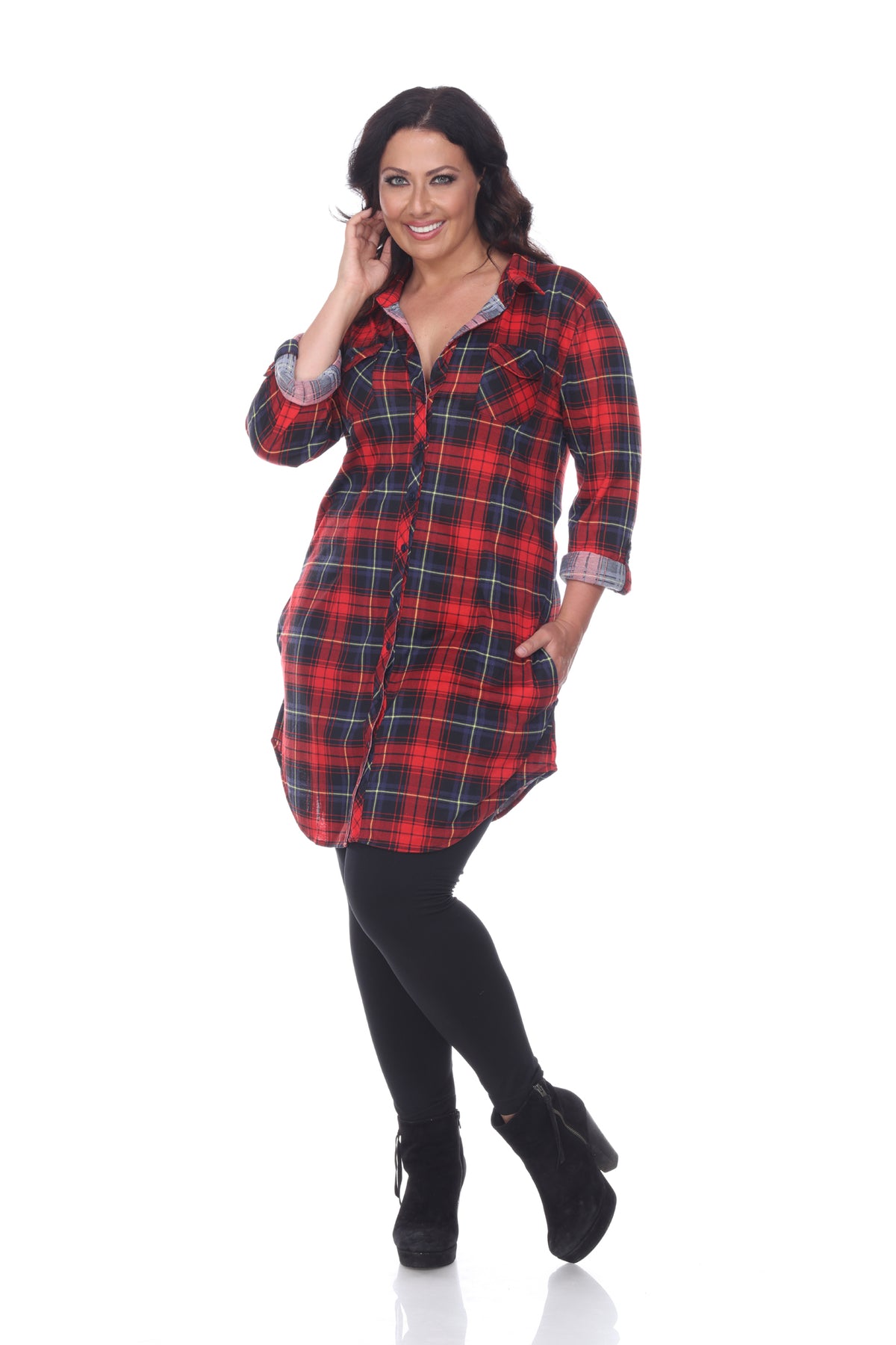 White Mark Women's Piper Stretch Plaid Rounded Hem Tunic Top
