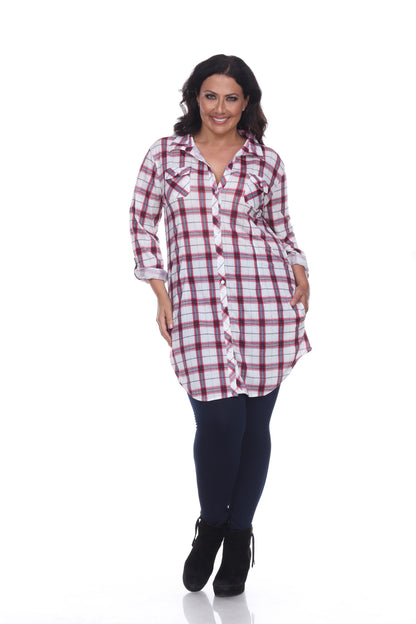 White Mark Women's Piper Stretch Plaid Rounded Hem Tunic Top