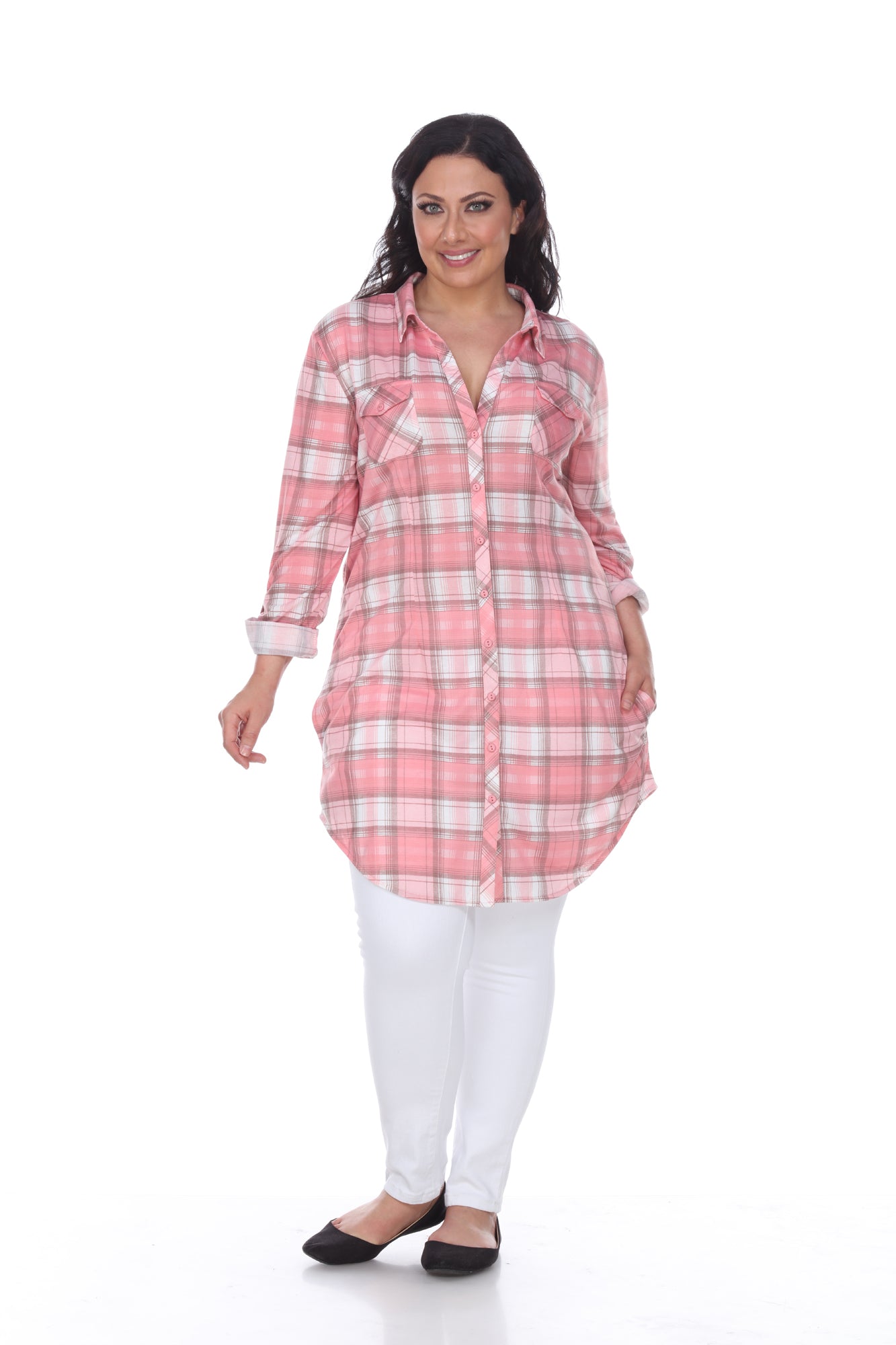 White Mark Women's Piper Stretch Plaid Rounded Hem Tunic Top