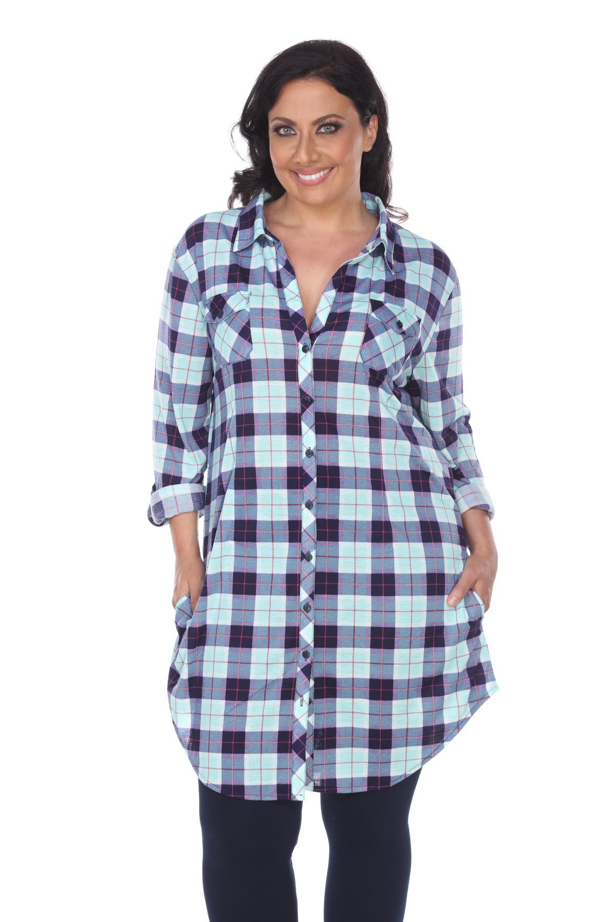 White Mark Women's Piper Stretch Plaid Rounded Hem Tunic Top