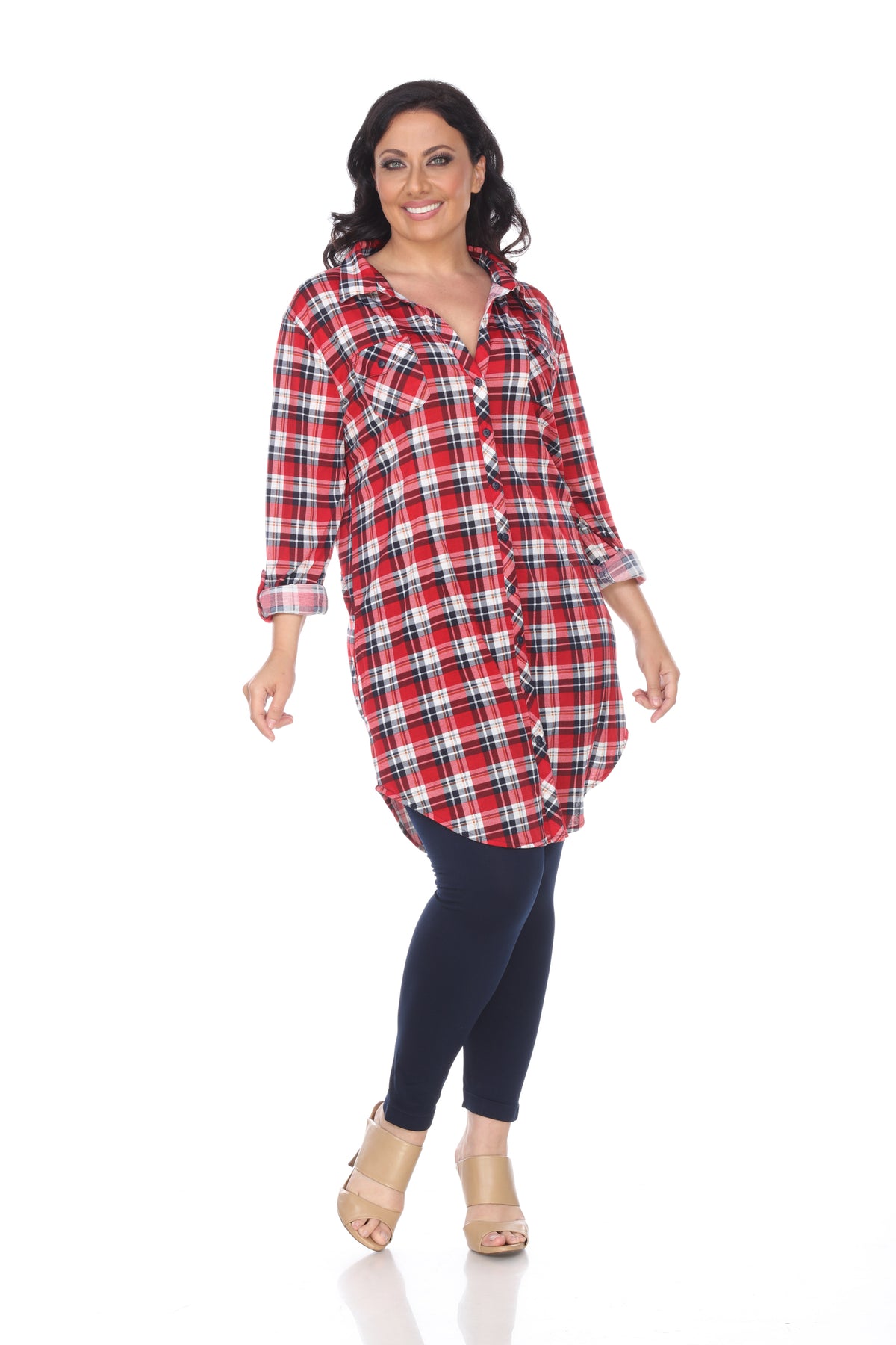 White Mark Women's Piper Stretch Plaid Rounded Hem Tunic Top
