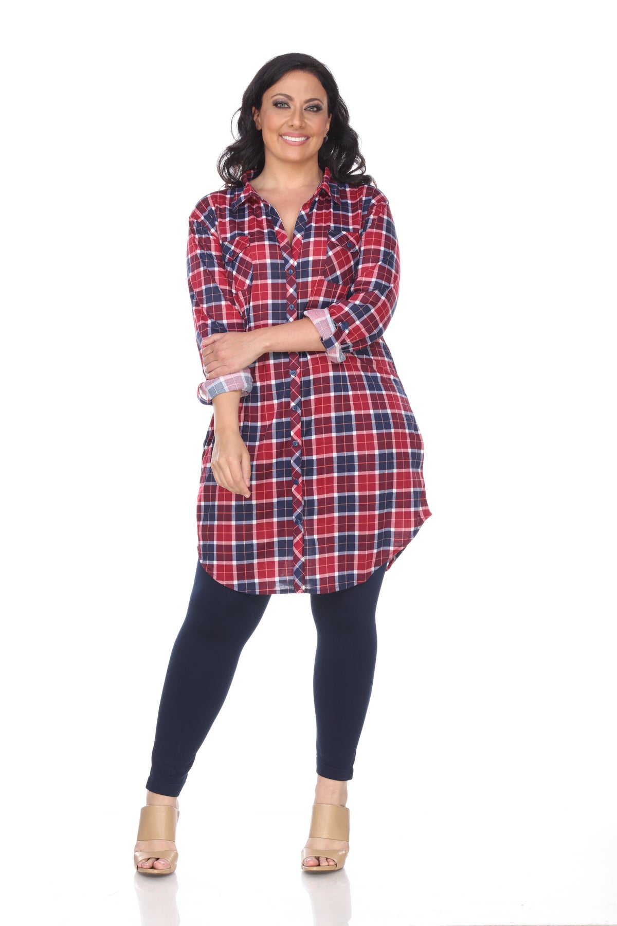 White Mark Women's Piper Stretch Plaid Rounded Hem Tunic Top