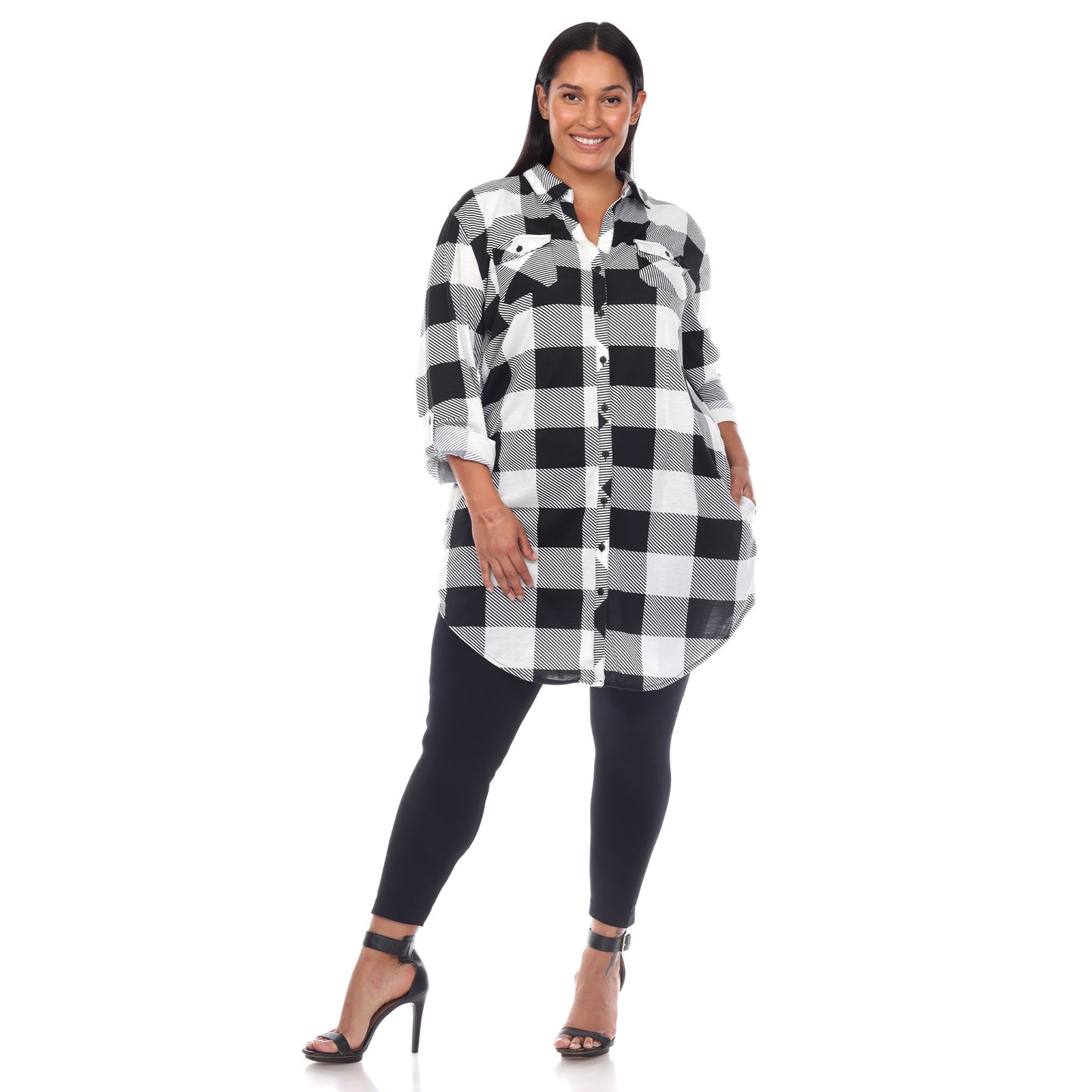 White Mark Women's Buffalo Plaid Rounded Hem Tunic Top