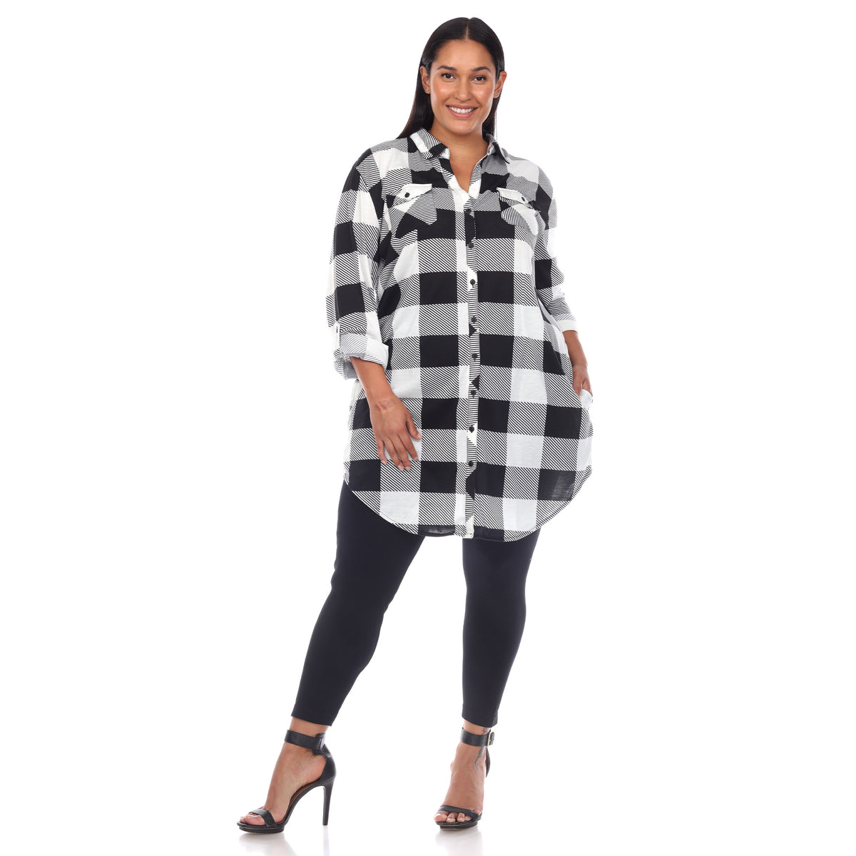 White Mark Women's Buffalo Plaid Rounded Hem Tunic Top