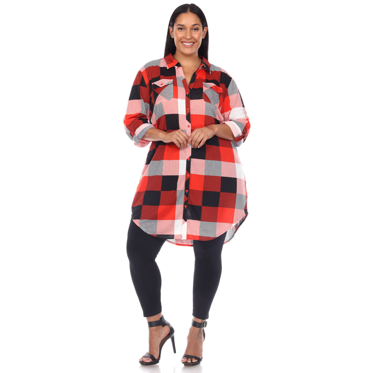 White Mark Women's Buffalo Plaid Rounded Hem Tunic Top