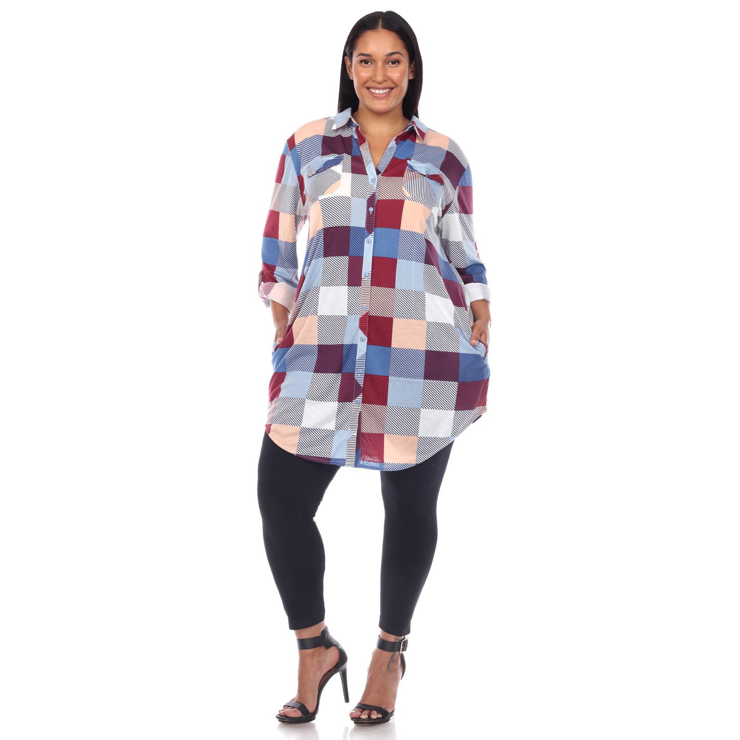 White Mark Women's Buffalo Plaid Rounded Hem Tunic Top
