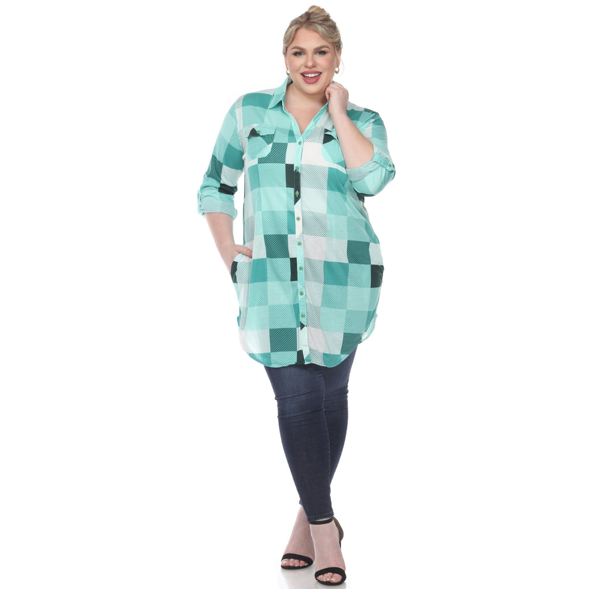 White Mark Women's Buffalo Plaid Rounded Hem Tunic Top