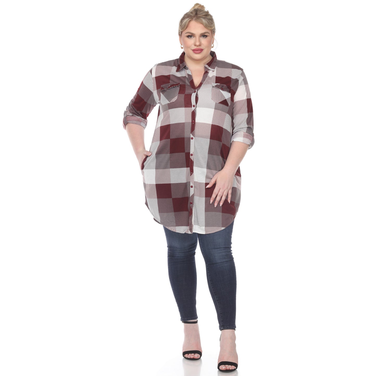 White Mark Women's Buffalo Plaid Rounded Hem Tunic Top