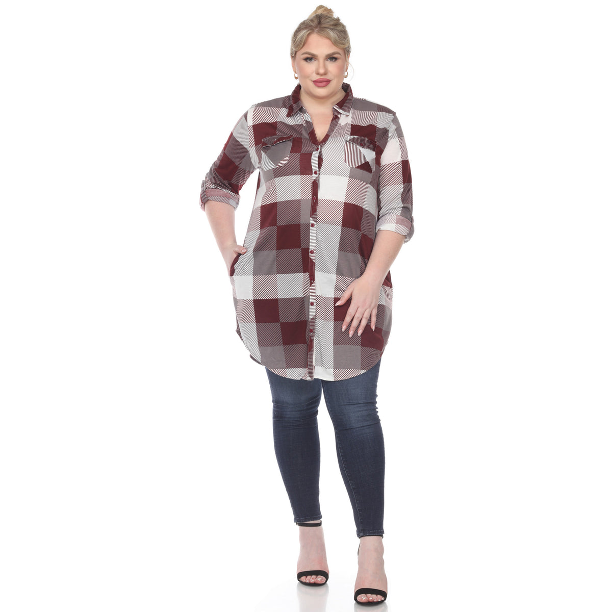 White Mark Women's Buffalo Plaid Rounded Hem Tunic Top
