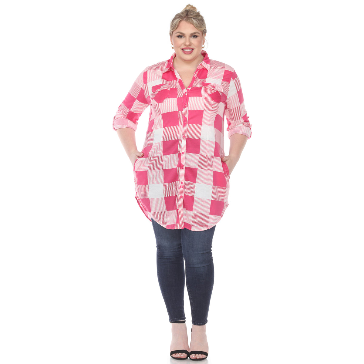 White Mark Women's Buffalo Plaid Rounded Hem Tunic Top