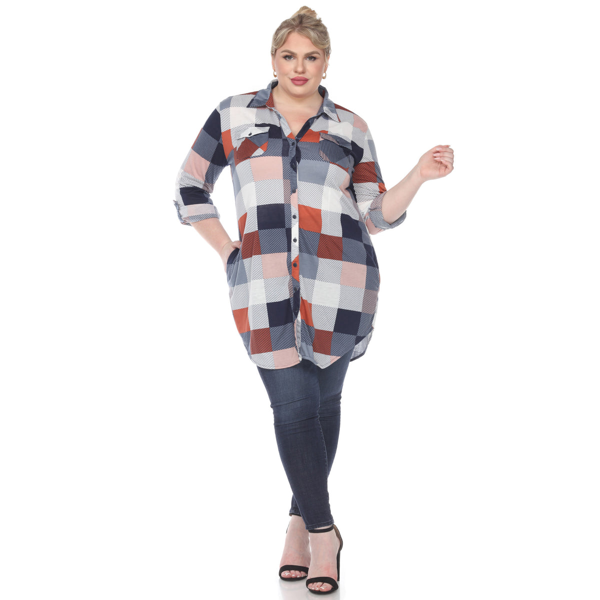 White Mark Women's Buffalo Plaid Rounded Hem Tunic Top