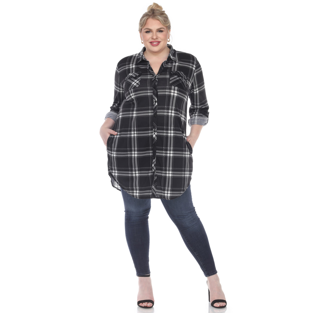 White Mark Women's Plaid Rounded Hem Tunic Top