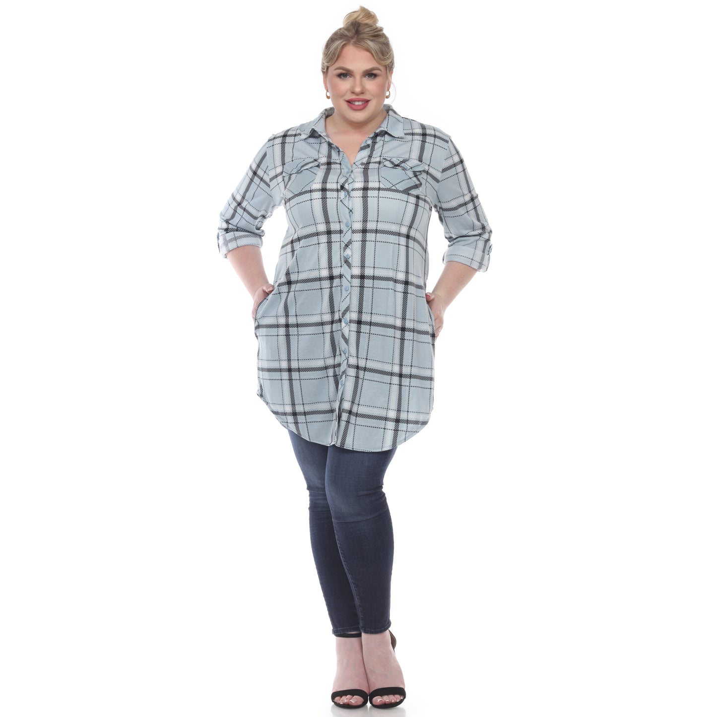 White Mark Women's Plaid Rounded Hem Tunic Top