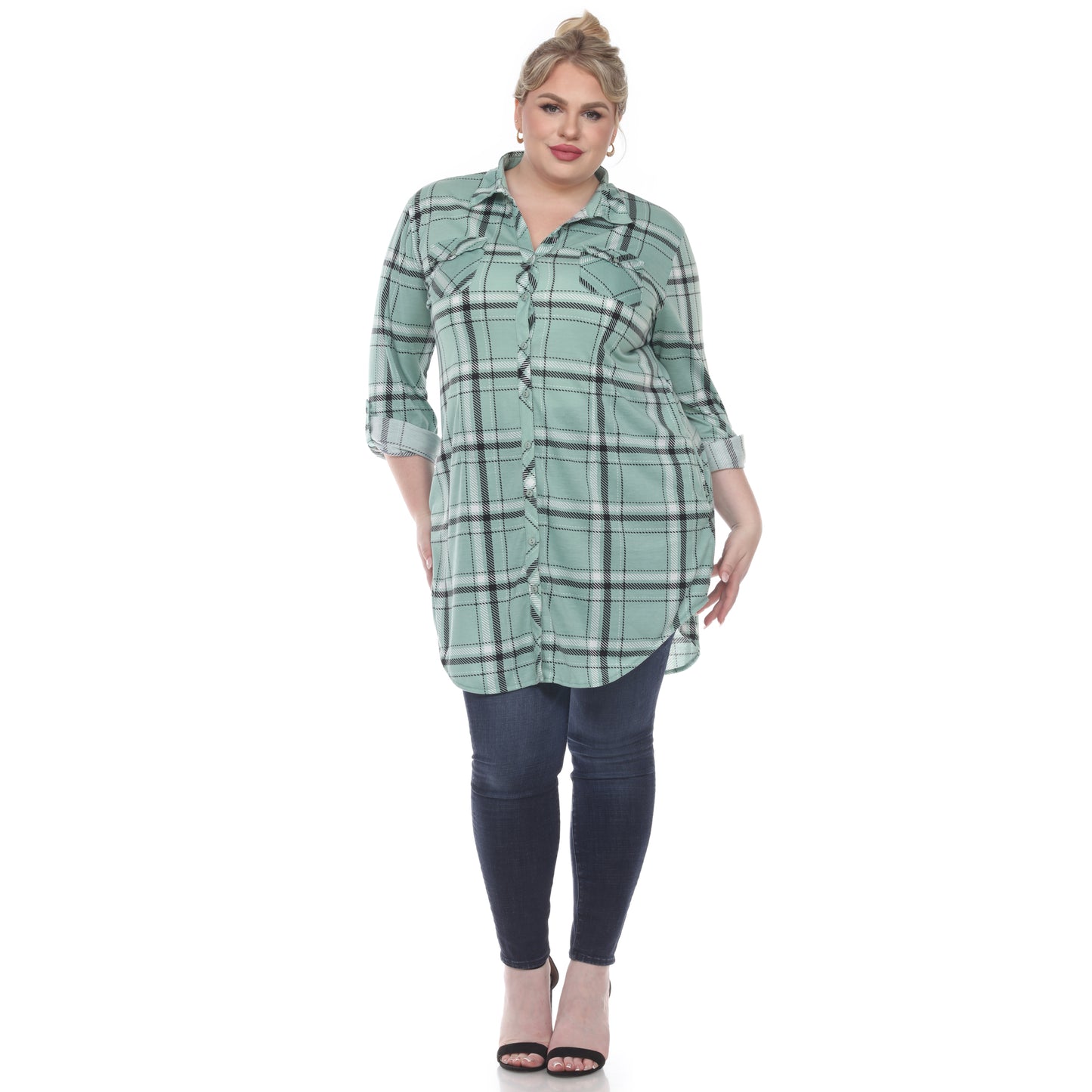 White Mark Women's Plaid Rounded Hem Tunic Top