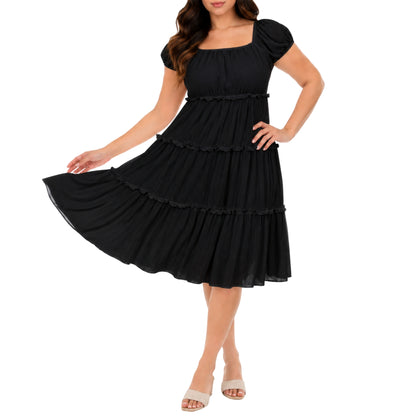 White Mark Women's Pleated Tiered Puff Sleeve Midi Dress
