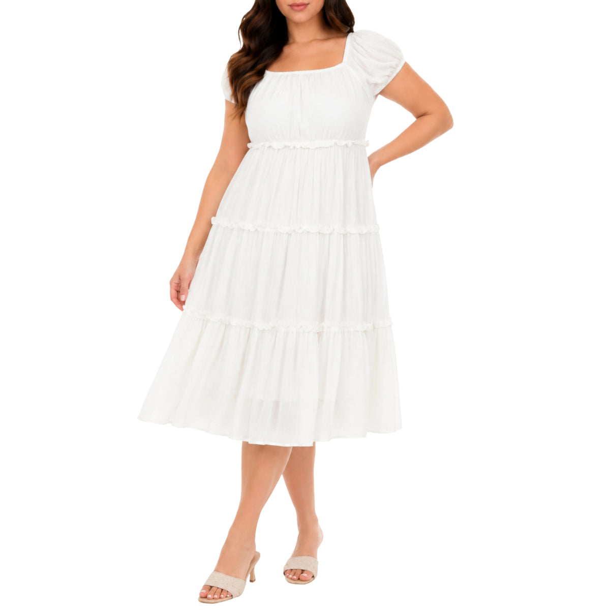 White Mark Women's Pleated Tiered Puff Sleeve Midi Dress