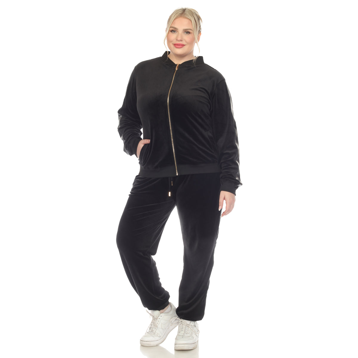 White Mark Women's 2-Piece Faux Leather Stripe Velour Set
