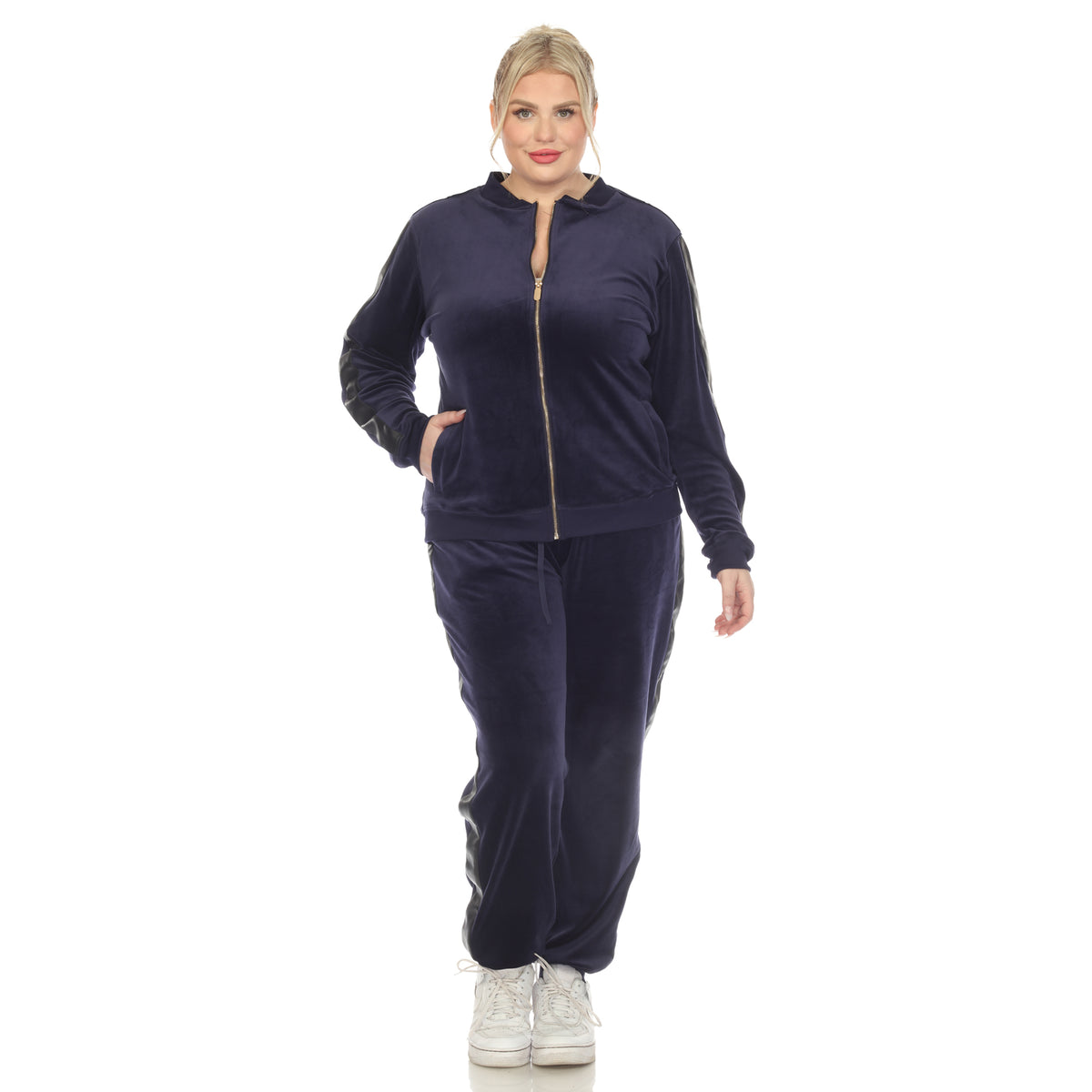 White Mark Women's 2-Piece Faux Leather Stripe Velour Set