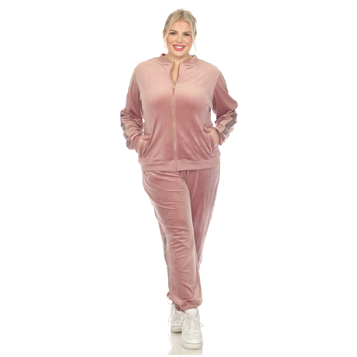 White Mark Women's 2-Piece Faux Leather Stripe Velour Set