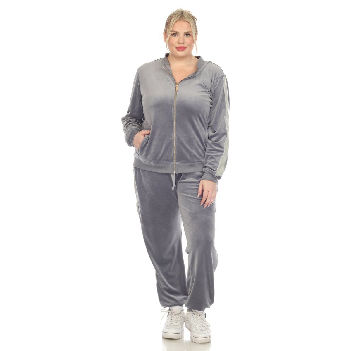White Mark Women's 2-Piece Faux Leather Stripe Velour Set