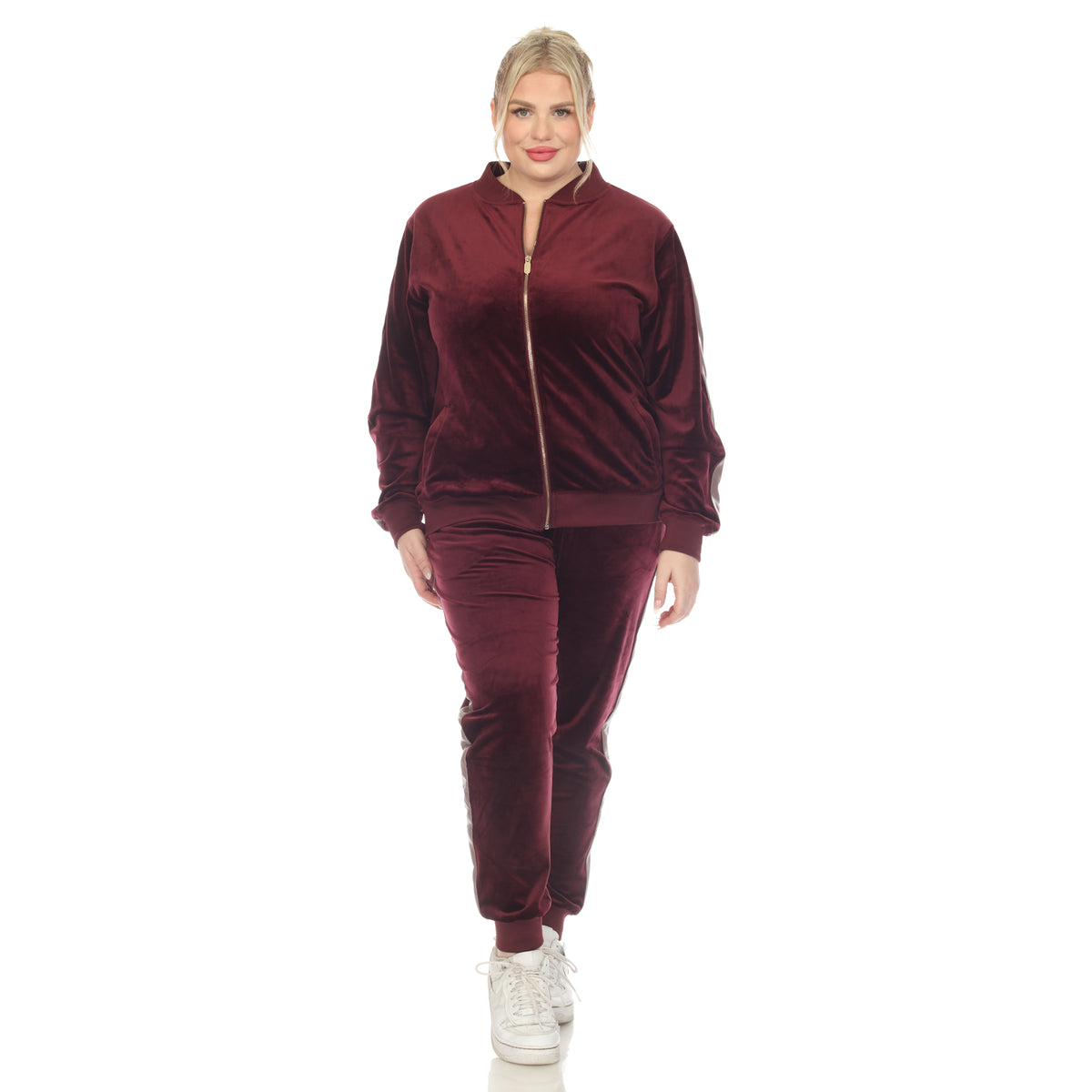 White Mark Women's 2-Piece Faux Leather Stripe Velour Set