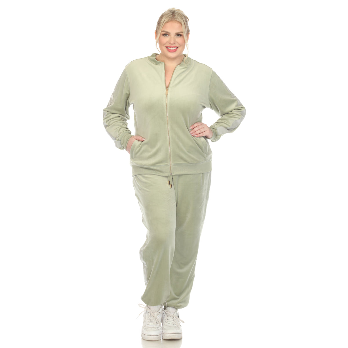 White Mark Women's 2-Piece Faux Leather Stripe Velour Set