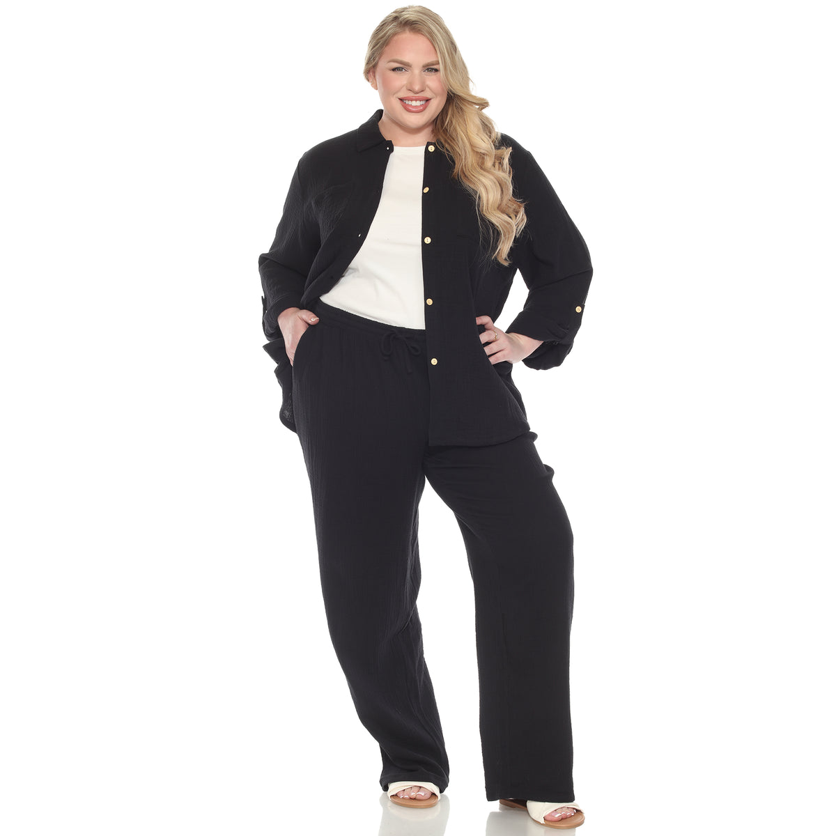White Mark Women's 2-Piece Long Sleeve Button-Down Gauze Set