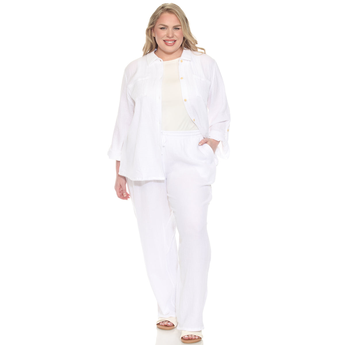 White Mark Women's 2-Piece Long Sleeve Button-Down Gauze Set