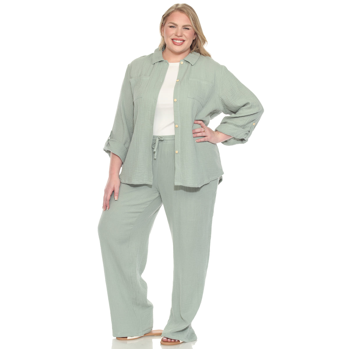 White Mark Women's 2-Piece Long Sleeve Button-Down Gauze Set