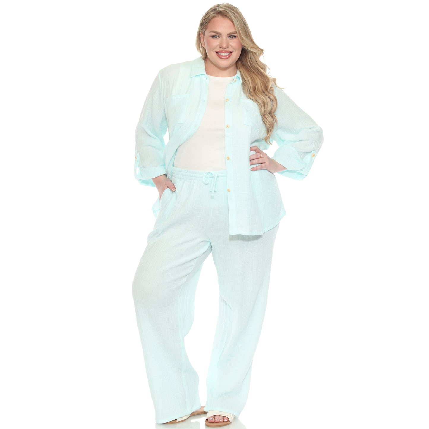 White Mark Women's 2-Piece Long Sleeve Button-Down Gauze Set