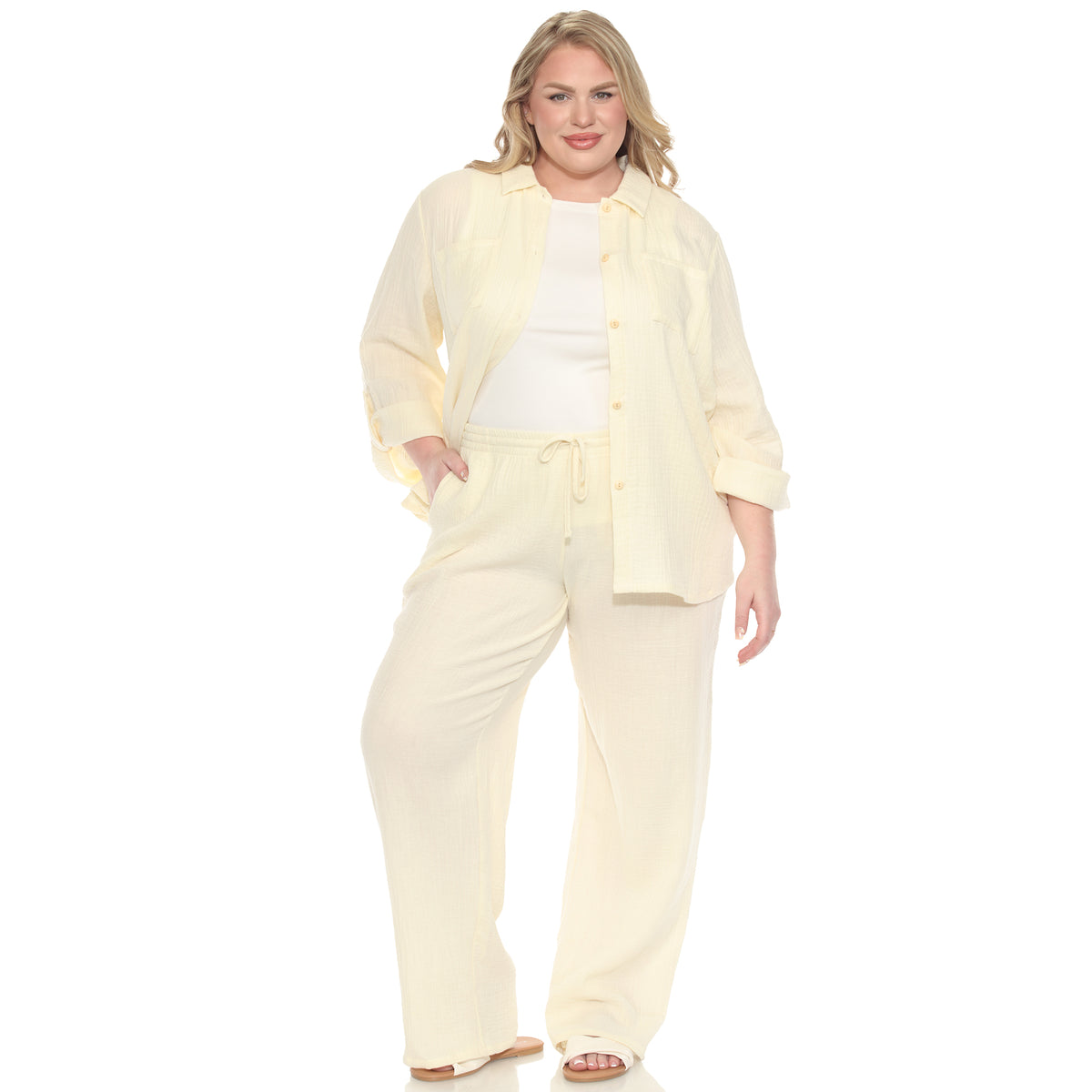 White Mark Women's 2-Piece Long Sleeve Button-Down Gauze Set