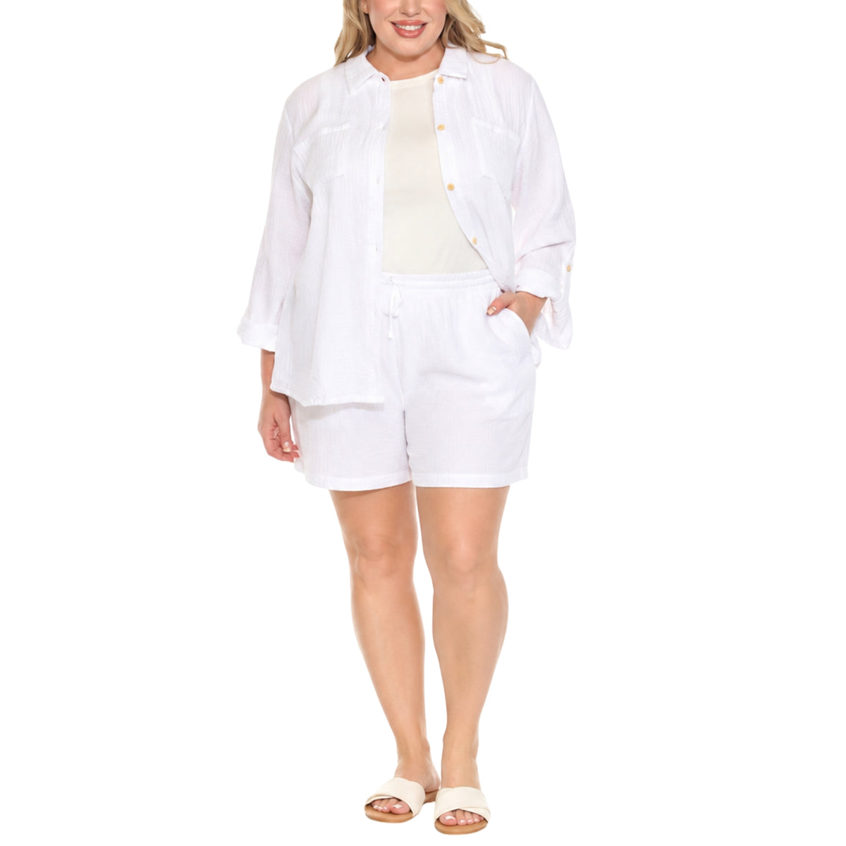White Mark Women's Gauze Button-Front Shirt & Shorts Set