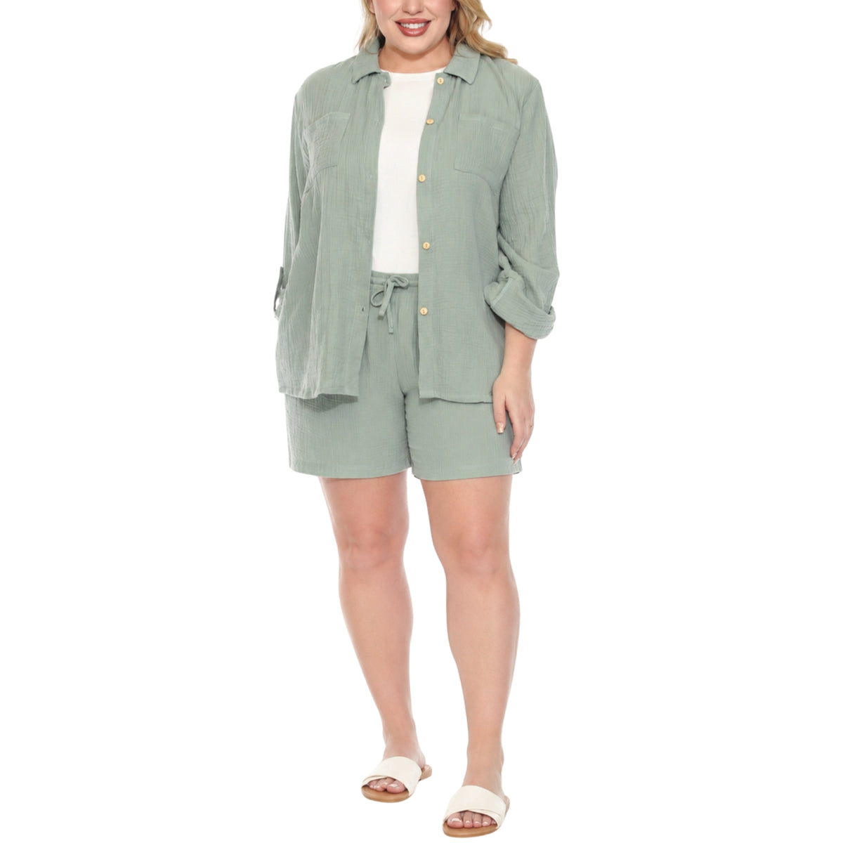 White Mark Women's Gauze Button-Front Shirt & Shorts Set
