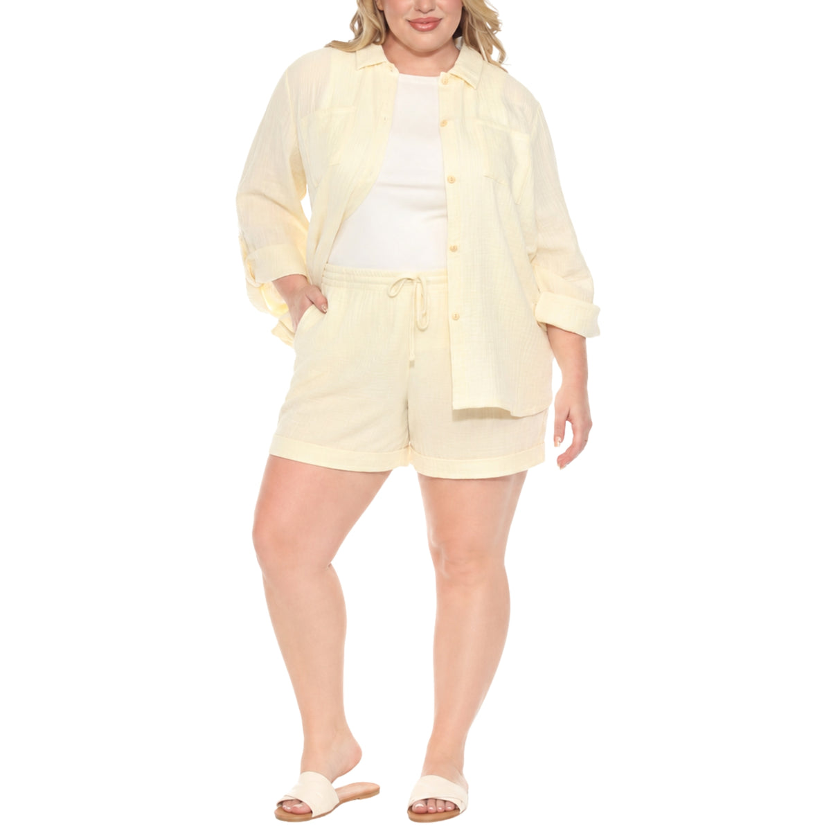 White Mark Women's Gauze Button-Front Shirt & Shorts Set