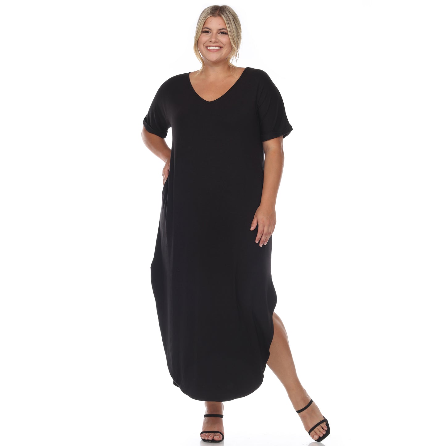 White Mark Women's Short Sleeve V-Neck Rounded Hem Maxi Dress