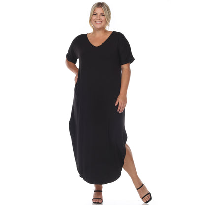 White Mark Women's Short Sleeve V-Neck Rounded Hem Maxi Dress